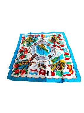 VTG Souvenir Scarf Gibraltar Landmarks The Rock Spanish Beach Flowers Flags Blue